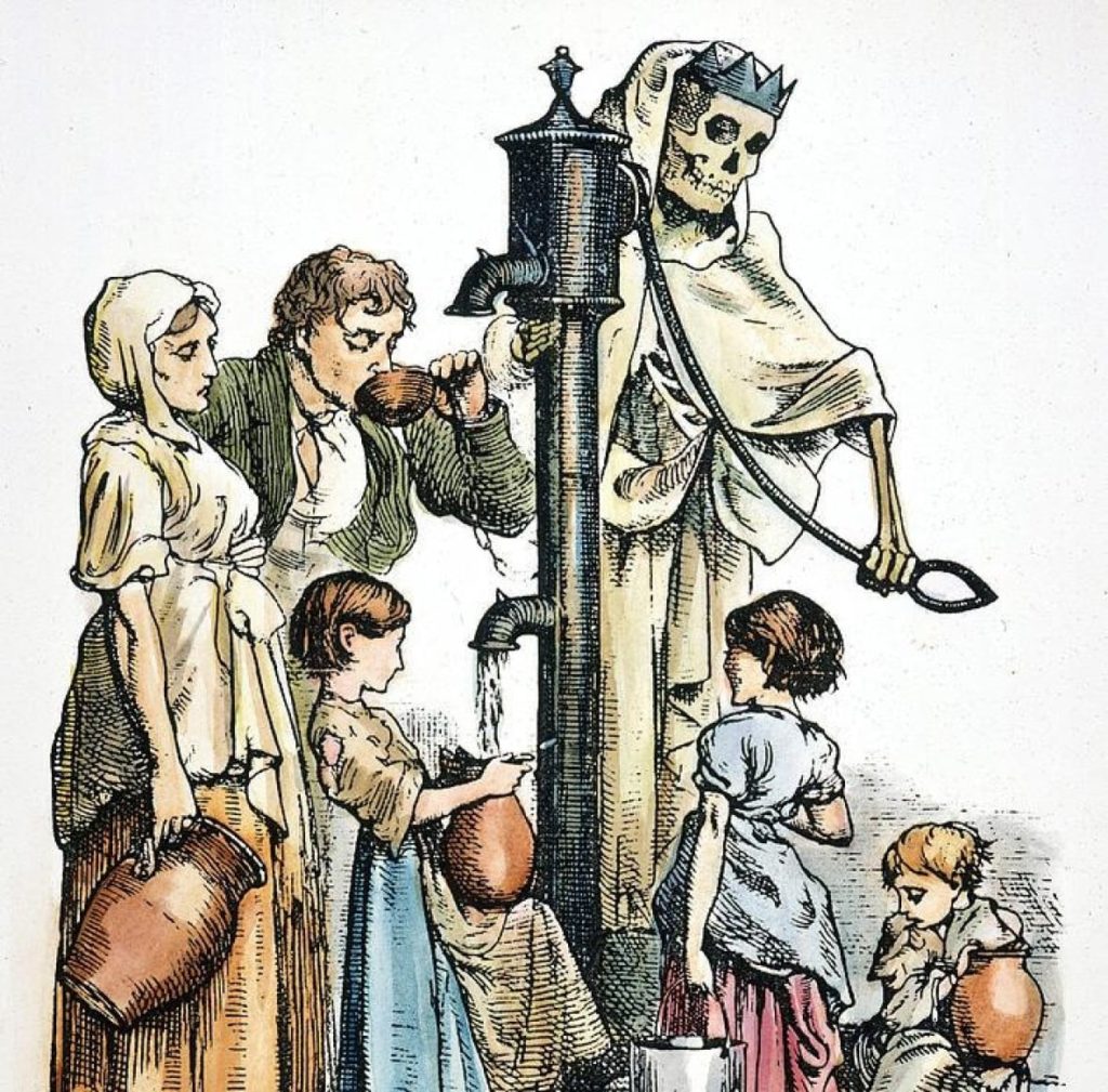 Karikatúra s názvom výdajňa smrti publikovaná počas epidémie cholery v Londýne v roku 1866. George J. Pinwell.